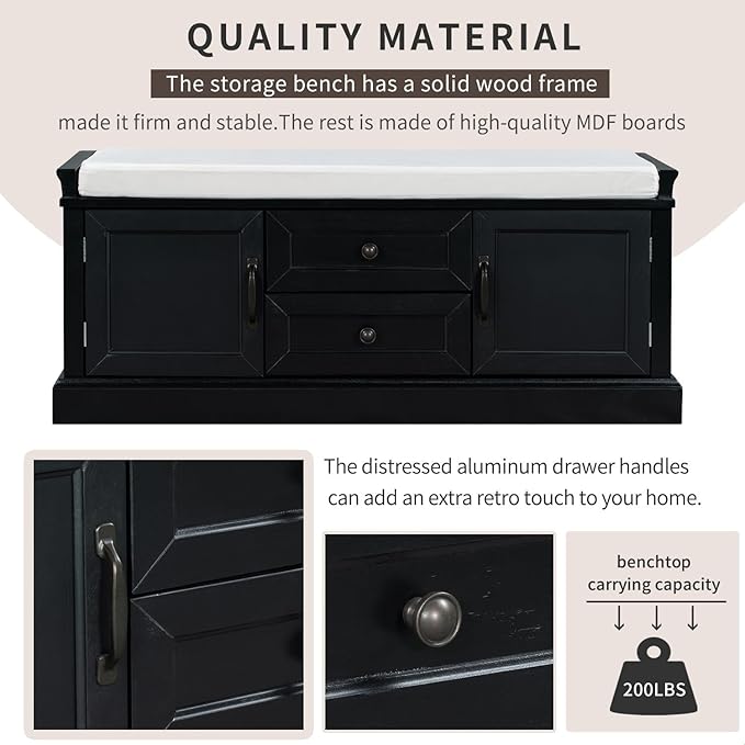 GDFStudio Rustic Storage Bench with 4 Doors 2 Draws Adjustable Shelves Removable Cushion Rectangular Cabinet Foot Rest Stool Solid Wood Shoe Bench Seating for Entryway Living Room, Black