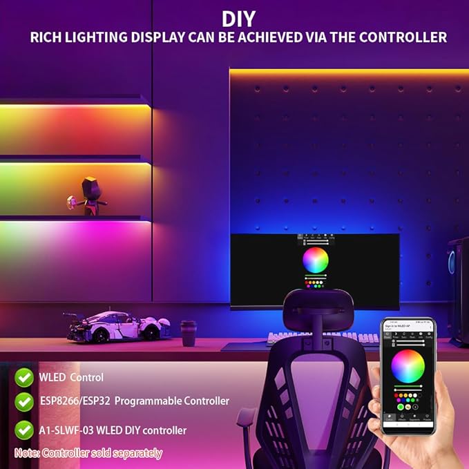 WS2812B IC RGB 5050SMD ECO Individual Addressable LED Strip Light, 3.2FT 144LED/m Flexible Full Color IP30 DC5V Black PCB for DIY Project (No Power Adapter or Controller)
