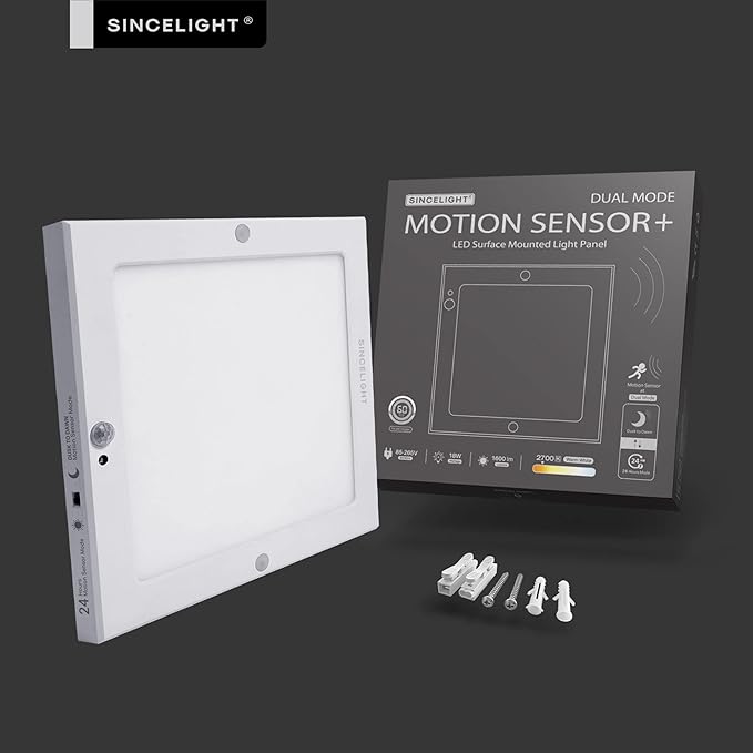 SINCELIGHT PIR LED Motion Sensor Ceiling Mounted Light Fixture, 18W Ultrathin Panel Shape, ON/Off Automatic from Dusk to Dawn (or Day&Night), Dual Sensor Mode Switchable