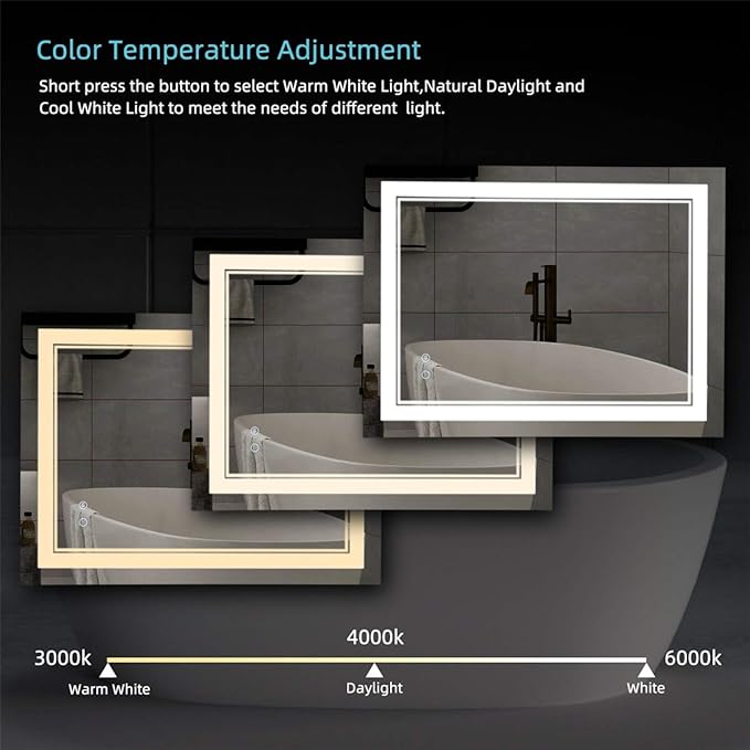 LED Bathroom Mirror Wall-Mounted Vanity Mirror with Anti Fog,Dimmable Waterproof Smart Touch Button Makeup Mirror with Lights Vertical & Horizontal (40x24 Inch)