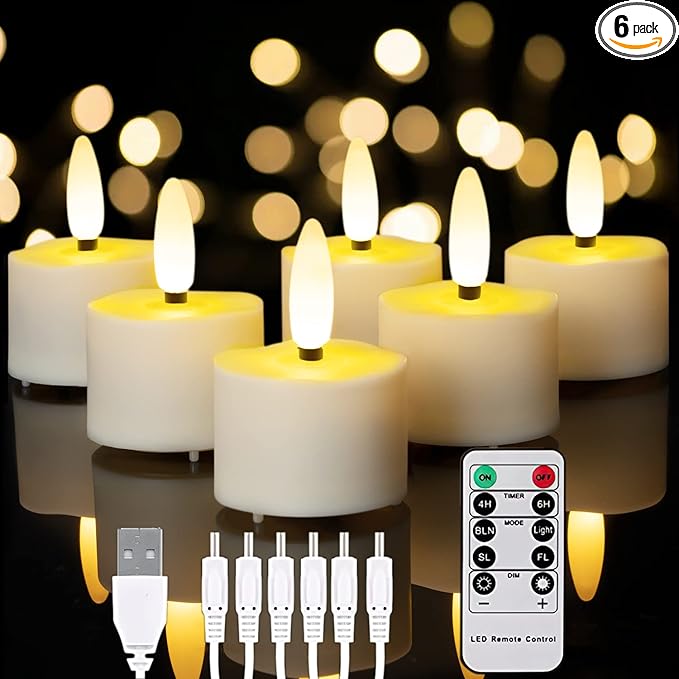 Homemory Flameless Rechargeable Tea Lights with Remote Timer - LED Tea Lights Battery Operated, Realistic Flickering for Home Holiday Decor, Wedding Table Centerpieces, 6-Pack (Φ 1-1/2''×H 2-1/3'')