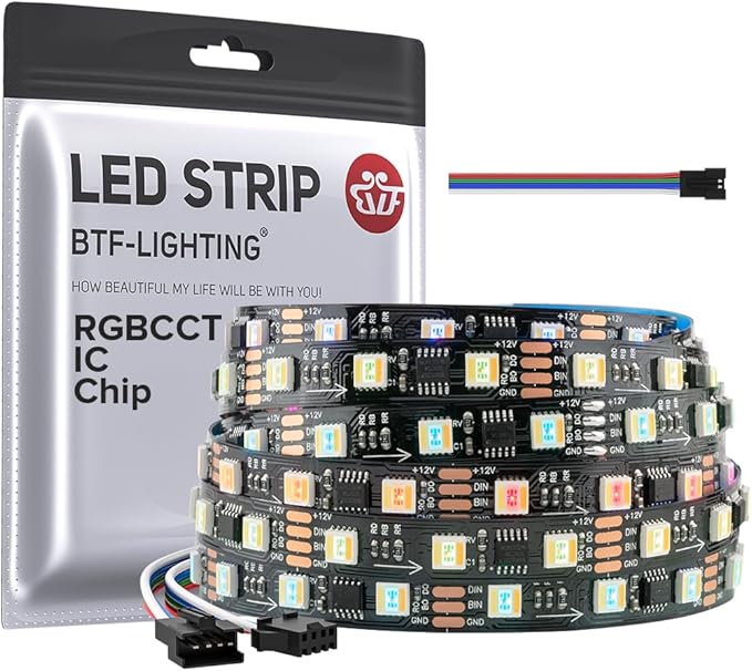 BTF-LIGHTING WS2805 IC RGBCCT Addressable Dual Data LED Strip 5050SMD 16.4FT 60LED/m 20Pixel/m 5 Colors in 1 Chasing Color RGB+CCT 3000K-6500K Lights Strip IP30 DC12V(No Adapter or Controller)