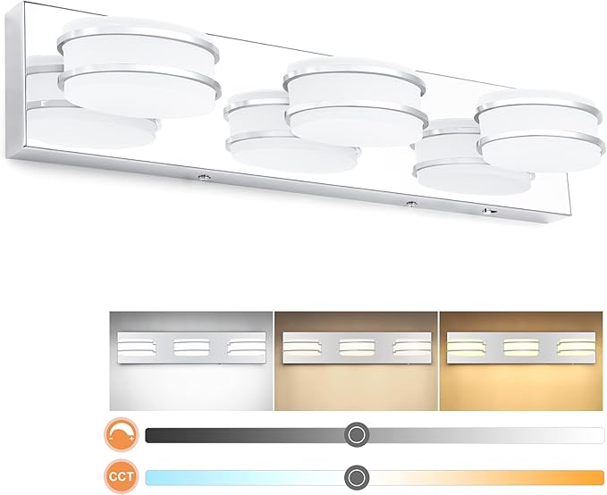 3 Color Temperature Dimmable Bathroom Light Fixtures Over Mirror, LED Chrome 3 Light Vanity Lighting Fixtures, Acrylic Stainless Steel Oval Shade Vanity Lights for Bathroom, ETL Certificated