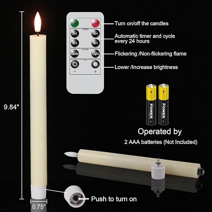 GenSwin Flameless Taper Candles with Remote Timer, Real Wax LED Taper Candles Battery Operated with 3D Flame, 3Pcs Flickering Flamless Candlesticks for Halloween Christmas Decor(Ivory, 0.78” x 9.8”)