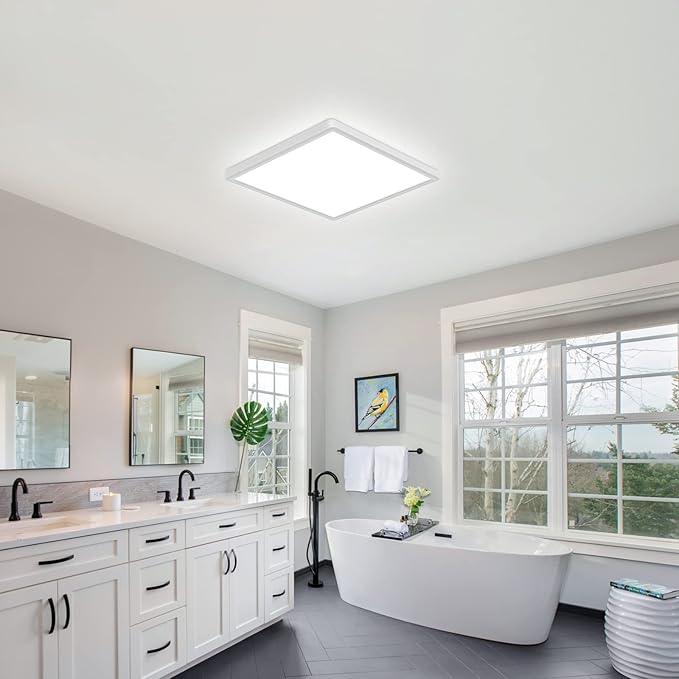 DELIPOP Flush Mount Ceiling Light, 12 Inch 24W Ultra Thin Square LED Ceiling Light, 6500K Cool White Low Profile Light Fixture for Living Room Bedroom Bathroom Kitchen Dining Room Corridor (White)