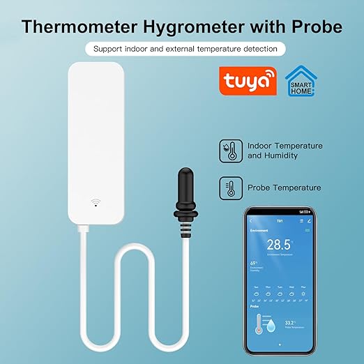 Smart Thermometer Hygrometer: WiFi Temperature Sensor with External Probe, Weather Function Thermometer Humidity Meter for Freezer, Aquarium, App Alert, Compatible with Alexa (Dual Detection 2PCS)