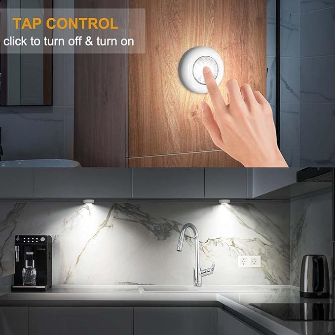 LED Puck Lights, Tap Light Battery Operated Push Button Light Stick Up Lights Under Cabinet Lighting Wireless Lights for Kitchen Counter Cabinet, Closet, Shed, RV, Attic, Shelf, 8 Pack