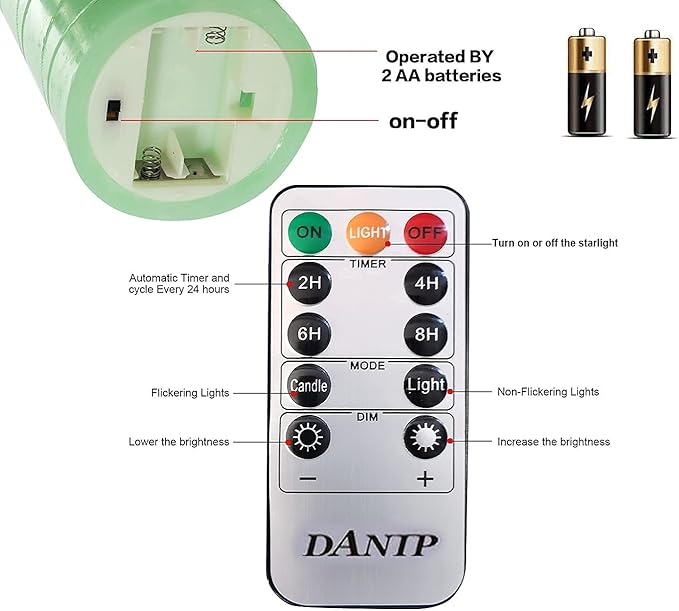Green LED flameless Candle with Embedded Starlight String, 3 LED Candles, 10-Key Remote Control, 24-Hour Timer Function, Dancing Flame, Real Wax, Battery Powered. (Grass Green)