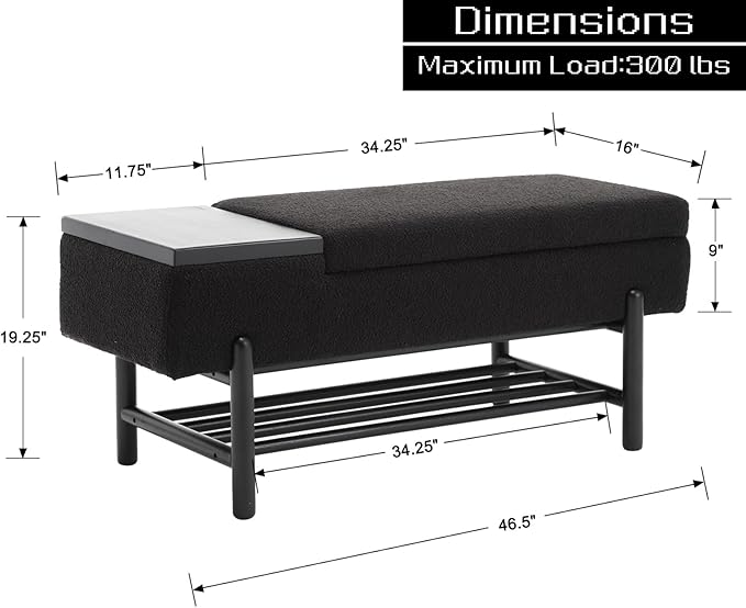 Modern Entryway Storage Bench, Upholstered Shoe Ottoman Bench, Sherpa Flip-Top End of Bed Bench with Wood Shelf/Coffee Table for Living Room/Bedroom/Hallway/Under Window,46.5 Inches,Black Fur