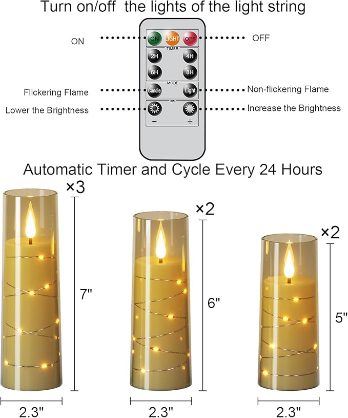 Wondise Flameless Flickering Candles with Embedded Star String Remote and Timer Battery Operated Flickering LED Candles Durable Acrylic Shell Pillar Candles for Christamas Home Decoration (7pack