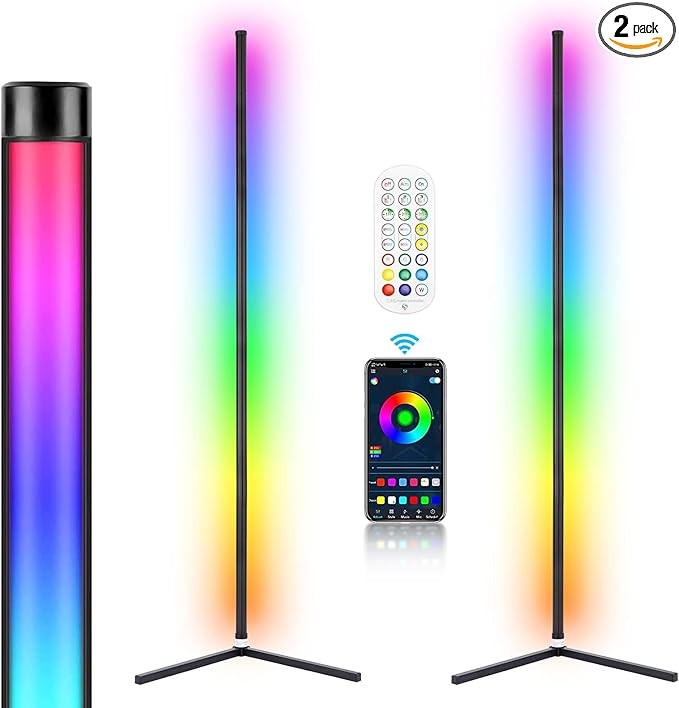 2PCS RGB Corner Floor Lamp, 64.5" RGB Color Changing Led Floor Lamp for Living Room APP and Remote Modern Light Bar with Music Sync and 16 Million Colors Dimmable Ambient Lighting for Bedroom