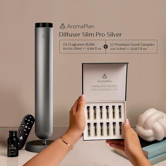 AromaPlan 5-Star Collection Cold Air Diffuser (Fragrance &Sample Set Included) –Recharchable Waterless Diffuser,Brushed Aluminum Body | Remote &Touch Control | Silent,Energy-Saving, 1-Week Battery, Si