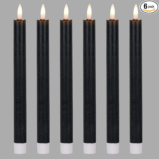 Wondise Halloween Flameless Taper Candles with Timer, Battery Operated Real Wax Black LED Candles 3D Wick Flickering Flame for Halloween Home Decoration, Set of 6（D0.78 x H9.5 Inch