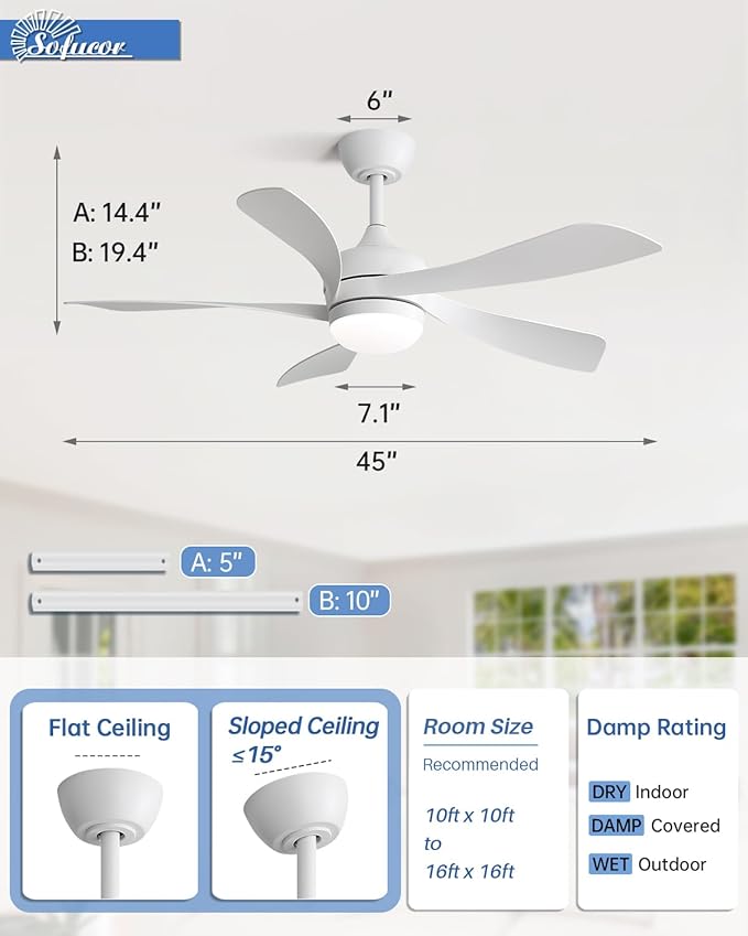 Sofucor 45 Inch Ceiling Fan with Lights and Remote, Indoor/Outdoor Ceiling Fan with Light 6-Speed 3 CCT 3-Timer, Low Profile White Ceiling Fan 5 Blade Quiet DC Motor for Bedroom Living Room Patio