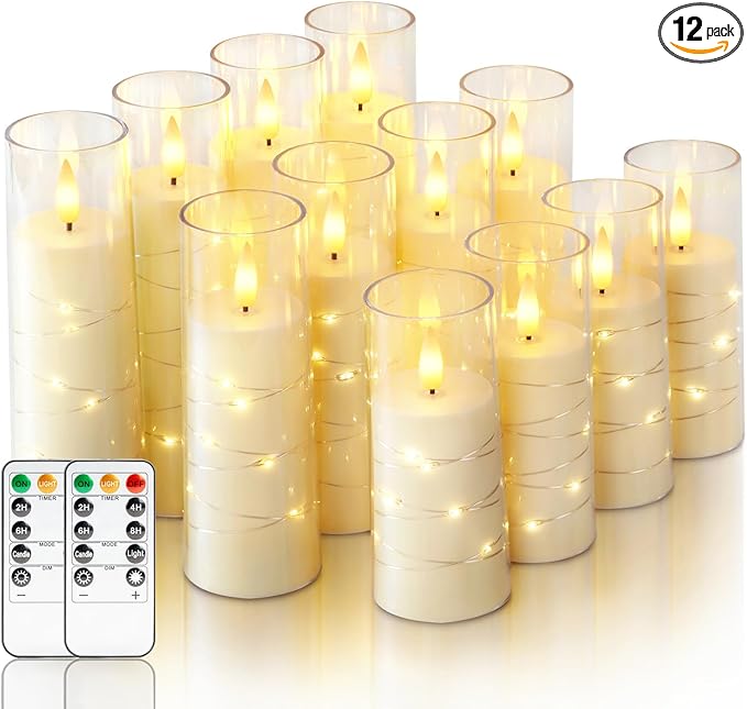 Homemory 12Pcs Flameless Candles with Star String Fairy Lights, Flickering Battery Operated Candles, LED Fake Candles with Remote and Timer, Christmas, Weddings, Home Decor, White