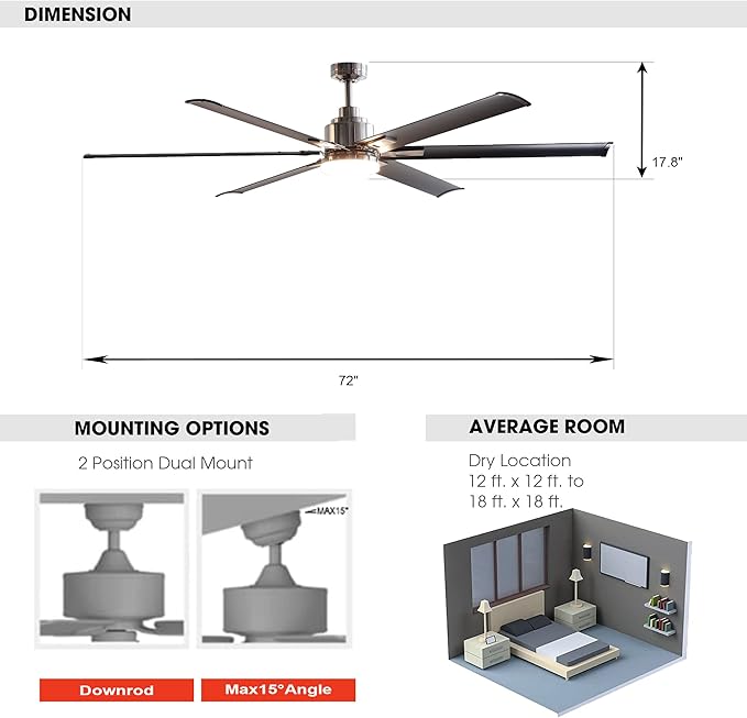 Ceiling Fans with Lights and Remote, 72 Inch Industrial Ceiling Fan for Living Room Bedroom Outdoor Ceiling Fans for Patios, LED Lighting Ceiling Fans, DC Motor Reversible 6 Blades, Brushed Chrome