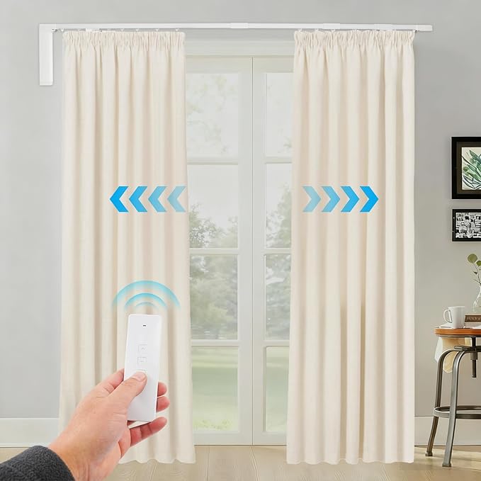 Smart Curtains System, Motorized Curtain Track 47-244 inch Adjustable Length, Motorized Rod with Remote Control, Ceiling and Wall Mount, Automated Curtain Track System (<85in)