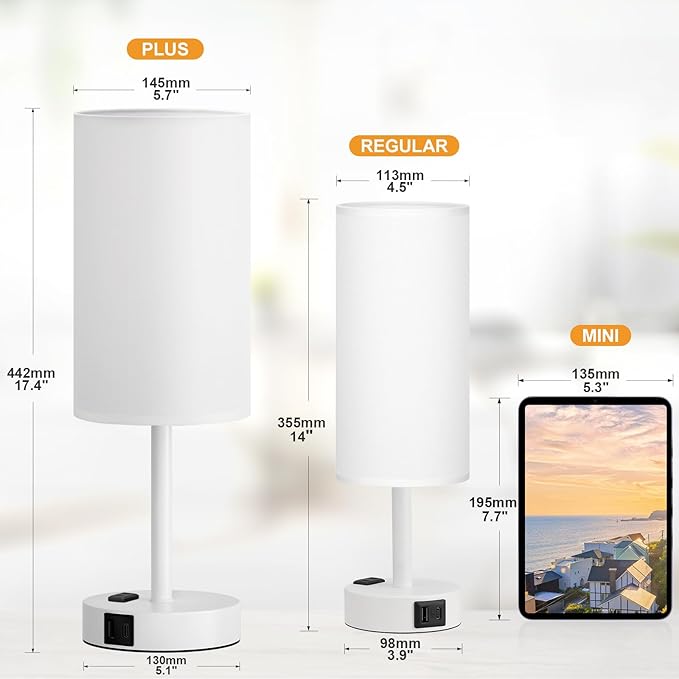 Fenmzee White Nightstand Bedroom Lamp - 3 Way Dimmable Bedside Lamp USB C A Charging Ports and AC Outlet, Small Table Lamp Linen Lampshade for Office Desk