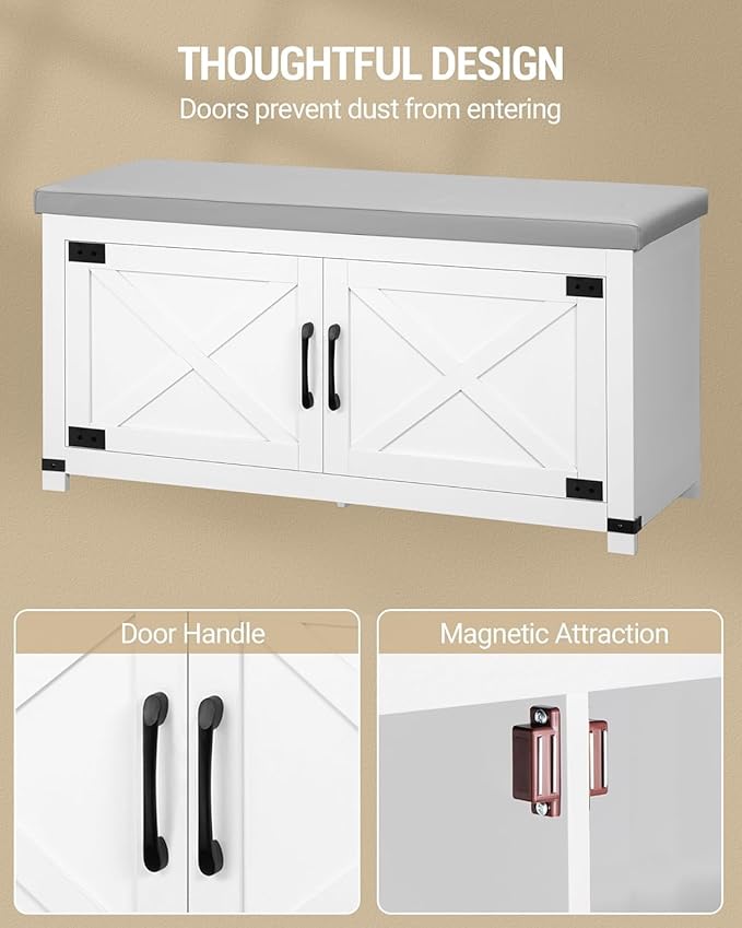Shoe Storage Bench, 2 Tier Shoe Bench with Padded Seat Cushion & 2 Barn Doors, Entryway Bench with Adjustable Shelf, Farmhouse Shoe Cabinet for Living Room, Bedroom, White SB26603GY