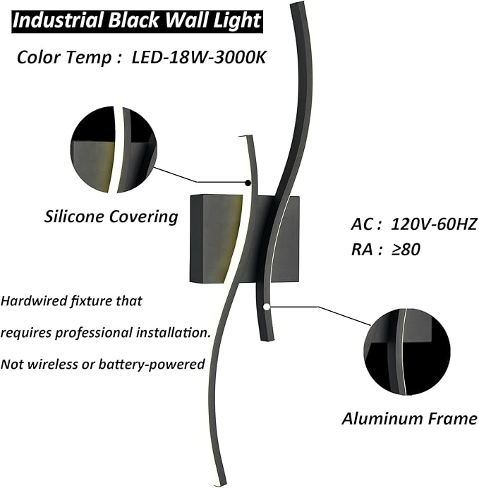 Modern Led Sconce Wall Lighting Indoor 24" Minimalist Industrial Black Wall Sconce Hardwire Wall Light for Small Space Bathroom Hallway Staircase Entryway