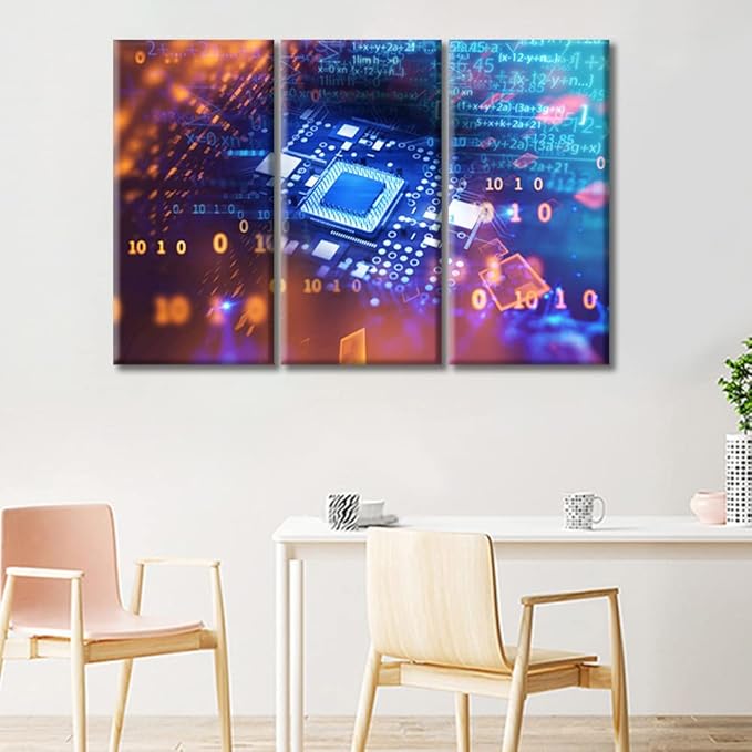 TUMOVO CPU Concept Poster Canvas Wall Art Computer Processors CPU Pictures Black and White Wall Art 3 Panel Motherboard Digital Chip Bedroom Posters and Prints Framed Ready to Hang (42" Wx28 H)