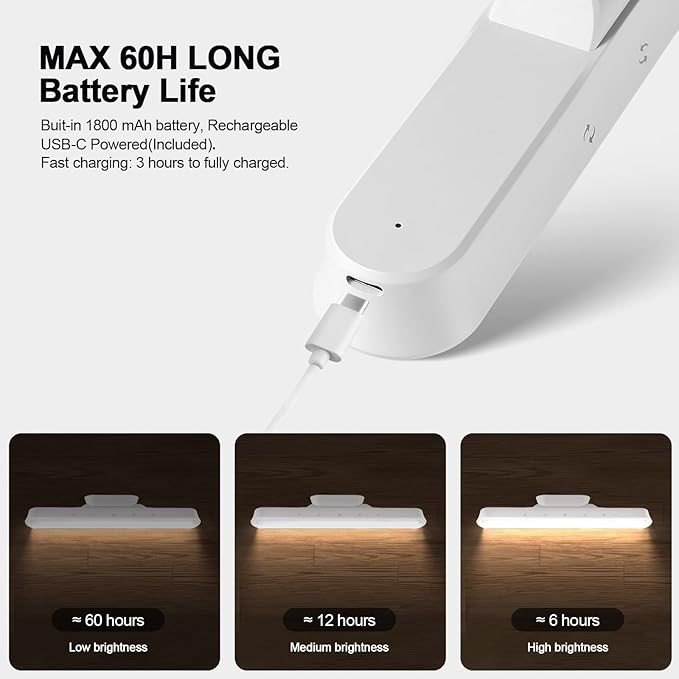 Under Cabinet Lights Wireless, Under Counter Lights for Kitchen Touch Control, Magnetic Closet Lighting, Rechargeable USB-C Battery Powered Lights, Dimmable Color Temperature/Brightness(2Pcs)