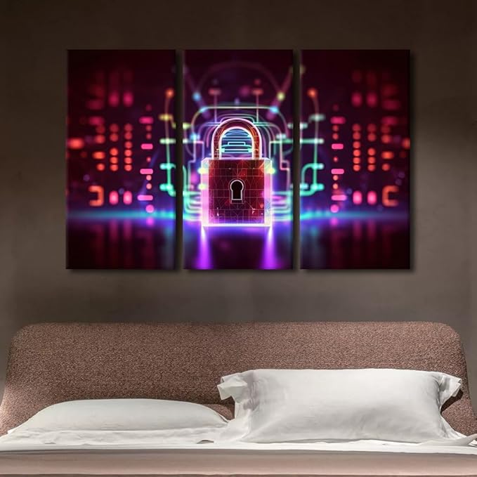 TUMOVO Large Canvas Wall Art 3 Piece Padlock on Technological Circuit Background with Neon Lights, Cyber Security Concept Pictures Print on Canvas for Living Room Wall Decoration, 60" Wx40 H