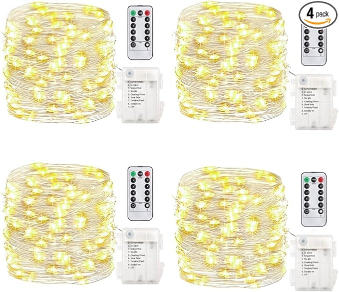 GDEALER 4 Pack 16.4 Feet 50 Led Fairy Lights Battery Operated with Remote Timer Waterproof Silver Wire Twinkle Light String Lights Outdoor Indoor 8 Modes for Bedroom Wedding Dorm Decor Warm White