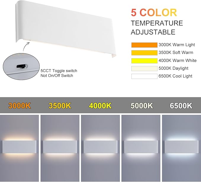 11"Modern LED vanity light,15W Dimmable 5 CCT (3000K-6500K) Adjustable Wall Lamp,Up and Down Wall Lighting,Indoor Wall Sconce for Bedroom,Staircase,Hallway,Dressing Table, 1 Pack（White）