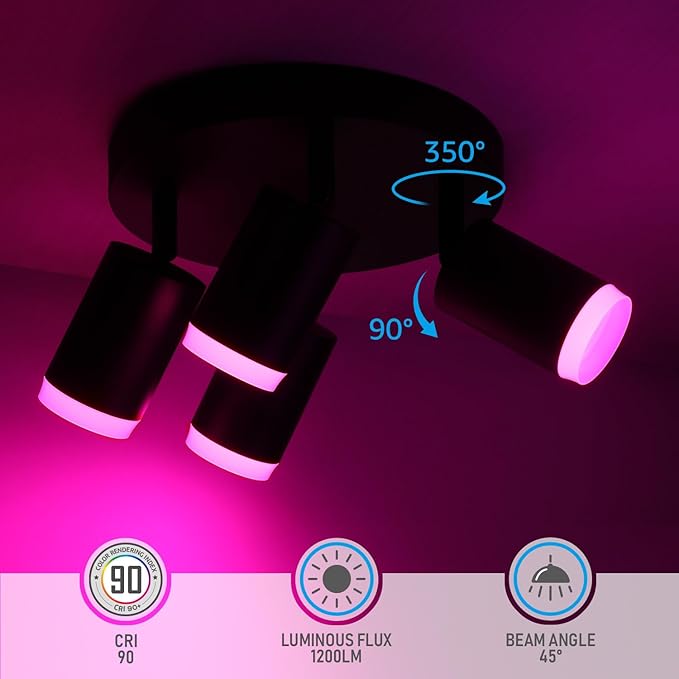 LEONLITE Smart LED Ceiling Spotlight Fixture, Dimmable Ceiling Spot Lights Indoor, CRI90, Work with 2.4GHz WiFi & Bluetooth, 4 Lights Flush Mount, APP Voice Control, 16 Million Colors, Black