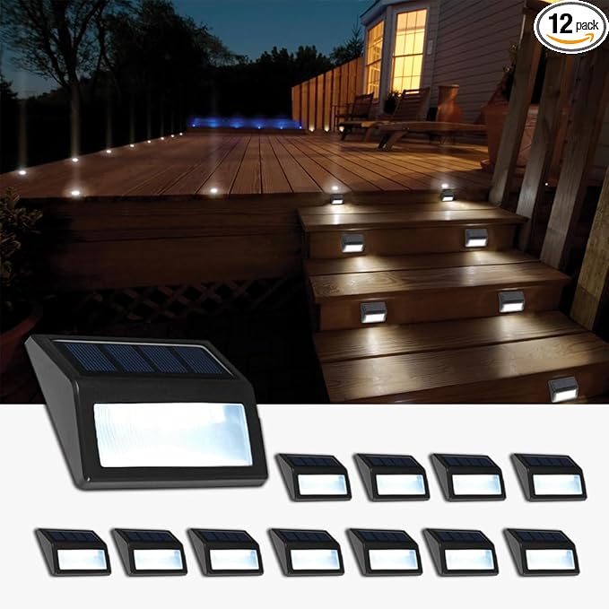 Solar Fence Lights, Waterproof Solar Outdoor Lights for Stairs Decks Steps Fences Patio Yard, LED Wall Sconce (Cool White/12 Pack)