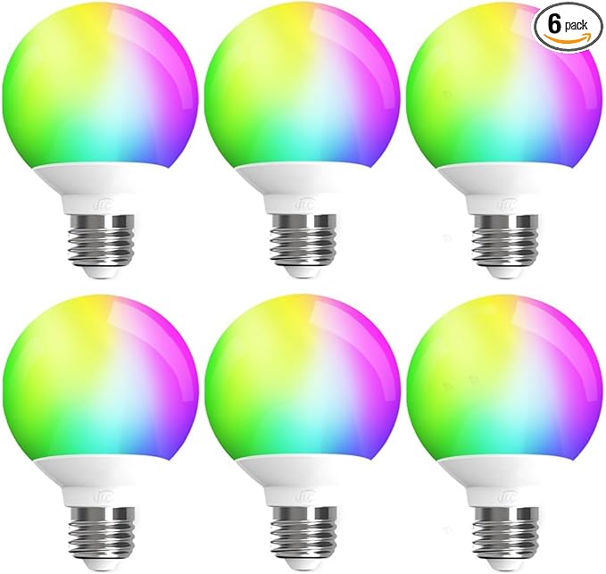 ILC App-Controlled LED G25 Globe Light Bulbs, Bluetooth Mesh, 1600 Million Colors, 60W Equivalent, 6W, 600LM, CRI>95+ Daylight White 5000K, E26 Base Vanity Light Bulbs, Dimming via app only, 6 Pack