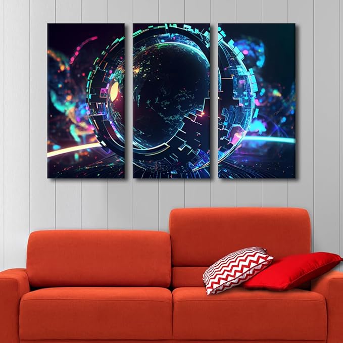 TUMOVO 3 Piece Canvas Wall Art Cyber Space 3D Posters Digital World Canvas Prints Art for Living Room Bedroom Decoration, Artificial Intelligence Artwork Giclee Framed Ready to Hang, 60" Wx40 H