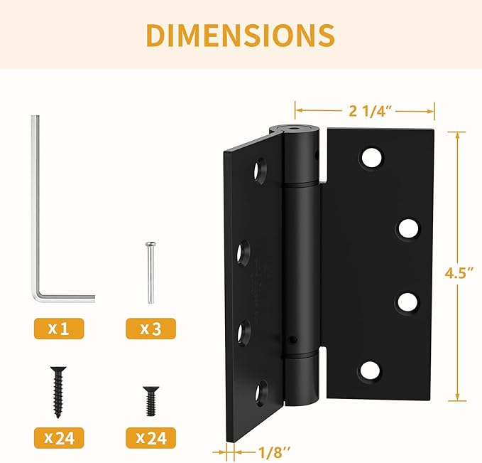 3 Pack Self Closing Door Hinges 4.5 Inch, Matte Black Spring Loaded Hinges with Square Corners, Adjustable Tension for Garage, Front Door, for Left and Right Hand Door, UL Listed