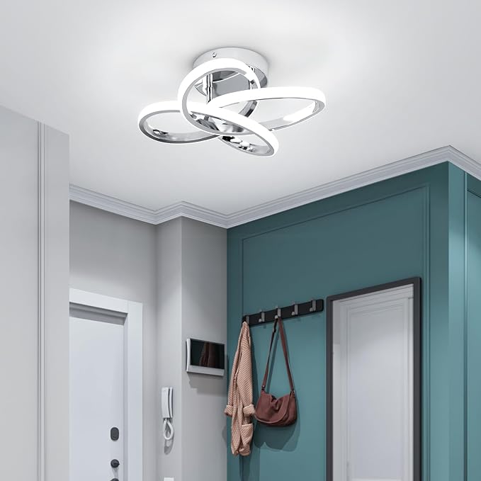 Modern Led Ceiling Lights, 11.8in Chrome Curved Hallway Ceiling Lights Fixtures, 26W Flush Mount Ceiling Light for Bedroom Kitchen Bathroom Entryway Balcony Stair - Cold White Light 6000K