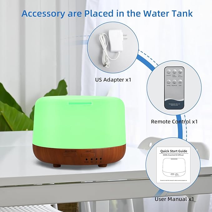 300ML Essential Oil Diffuser Aromatherapy Diffuser, Quiet 8 Hours Operation, 7-Color LED Light, 4 Timer, Remote Control, Auto-Off, Easy to Clean, for Bedroom, Living Room, Office, Home Gifts