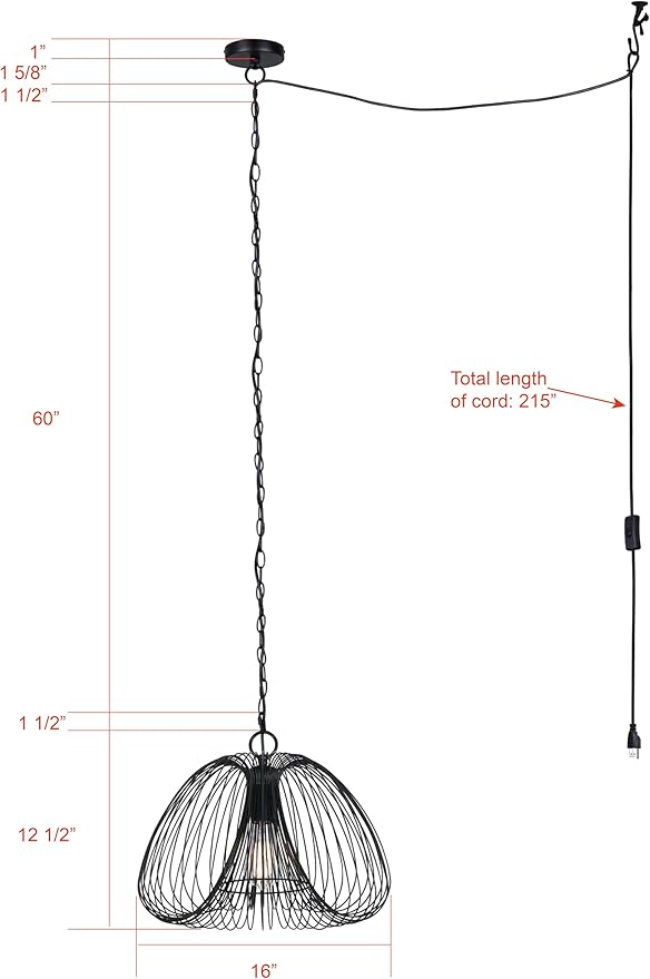 Canarm Stockholm Plug-in Pendant Light, Matte Black with Swag Kit and On/Off Switch, Adjustable Cord, Modern Lighting for Living Room or Bedroom