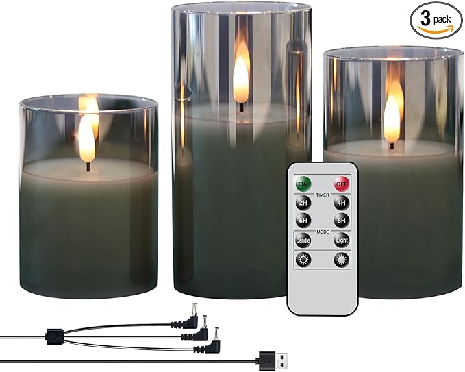 GenSwin Rechargeable LED Flameless Flickering Glass Candles with Remote Timer, Battery Operated Pillar Candles Long Lasting Grey Real Wax USB (D 3”×H 4”5”6”)