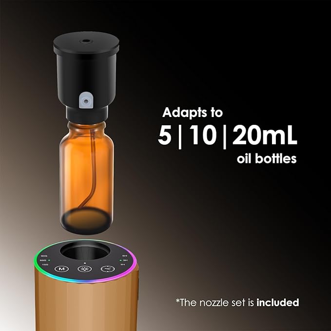 Waterless Essential Oil Diffuser, 7 Colors LED Light, Battery Powered Mini Scent Air Machine, Aromatherapy Mist Diffuser for Home Room Car Office，Black Aluminum Alloy (Gold)