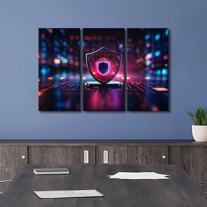 TUMOVO 3 Panel Wall Art for Living Room, Cyber Security and Data Protection Pictures Print On Canvas Artwork for Home Office Wall Decoration, Wooden Framed Ready to Hang, 42" Wx28 H