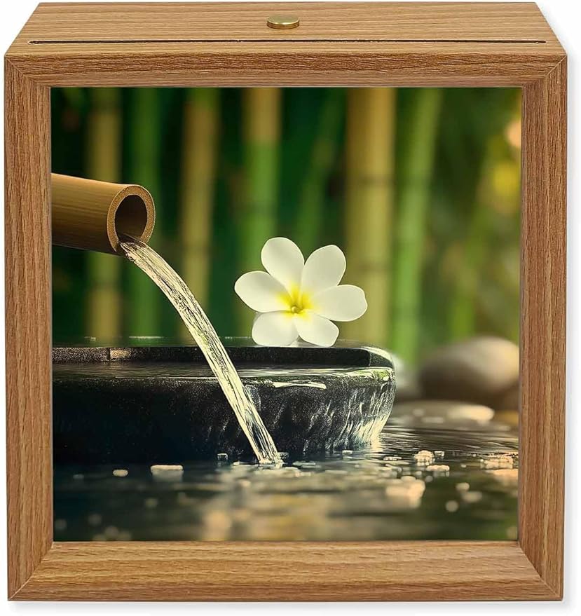 Wood Night Light Box 6.5x6.5in,Zen Meditation Plumeria Flower Table Lights Wooden Picture Frame with USB Rechargeable Touch LED Lights for Home Decor Desktop Display,Flowing Water Forest