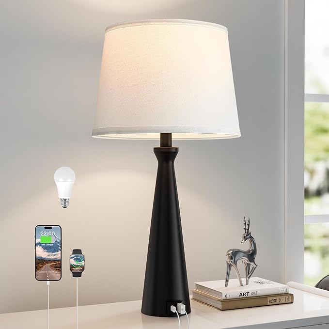 Seealle Single Modern Table Lamp - Touch Bedside Lamp for Nightstand with USB Dual C+A,3-Way Dimmable Black Nightstand Lamp for Living Room Bedroom End Table(Bulb Included)