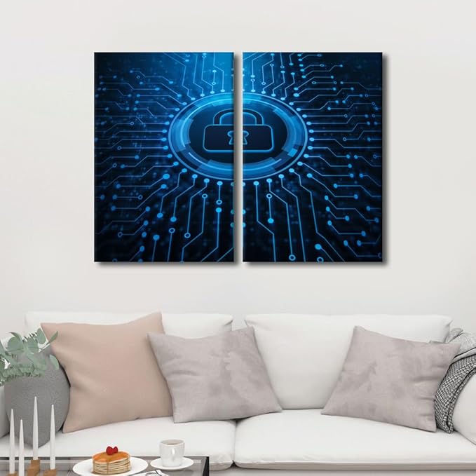 3 Pieces Home Decor AI Intelligence House Decorations for Living Room Wall Art Security Lock Symbol Paitings Pictures Painting Canvas Modern Artwork Framed Gallery-Wrapped Ready to Hang, 24" Wx16 H