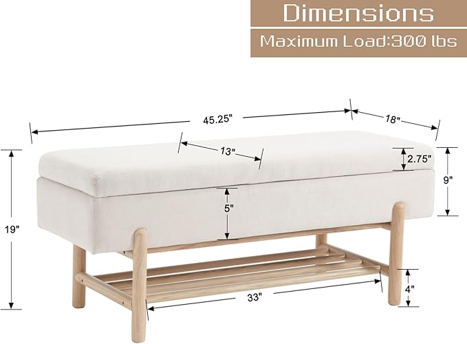 Modern Entryway Storage Bench, Upholstered Shoe Ottoman Bench, Flip-Top End of Bed Bench with Wood Shelf for Living Room/Bedroom/Hallway/Under Window,45Inches, Beige Linen