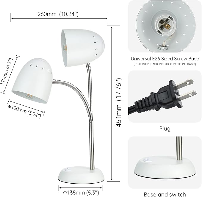 Eye-Caring Table Lamp of Simple Designs Home E26 Led Screw Basic Metal Desk Lamp with Flexible Gooseneck Hose Neck Study Lamp for Bedroom Office Living Room Convenient On/Off Switch(White)