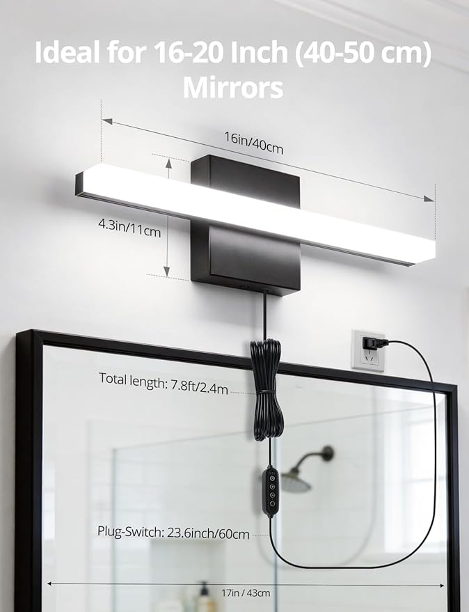 Combuh Black Plug in Vanity Light Bar Corded for Bathroom Lighting Fixture No Wiring, 16Inch 5 Colors Adjustable Dimmable Modern Bright Daylight Mirror Lamp for Wall Dressing Room Makeup(with Plug)
