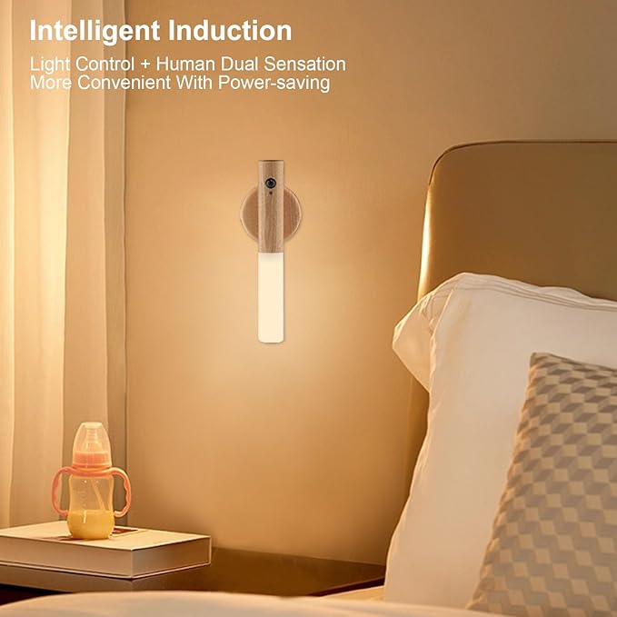 LANDGOO LED Wall Sconces Motion Sensor Lights Portable 360° Lamps Battery Operated Rechargeable Warm Vanity Lighting Fixture Modern for Living Room Bedroom (White Ash Wood 1PC)