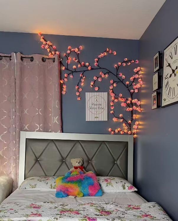 Cherry LED Tree Branch Lights for Wall, Cherry Blossom Willow Vine Twig Decor Garland with 96 LED Lights and Remote,8 Lighting Modes,Christmas Decorations Indoor for Home Wall Door Window (71inch)