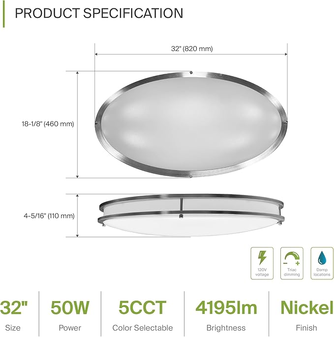 ASD LED 32" Oval Flush Mount Lighting, Close to Ceiling Light Fixture | 5CCT, Dimmable, ETL Listed | 50W 4195LM 2700-5000K 120V | Low Profile Double Ring Lamp | Nickel
