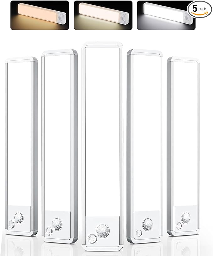 Under Cabinet Lighting: 8 Inch 3-Color Dimmable Rechargeable Motion Sensor Lights Indoor - Battery Operated Lights - Closet Light Magnetic Led Light for Kitchen Home Bathroom Counter 5 Pack
